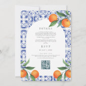 Invitation Code QR de mariage méditerranéen à carreaux bleus (Dos)