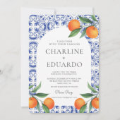 Invitation Code QR de mariage méditerranéen à carreaux bleus (Devant)