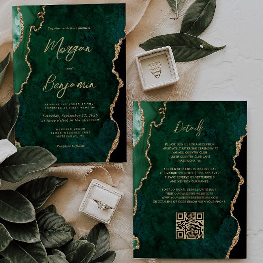 Invitation Code QR de mariage moderne écriture Agate Vert Éme
