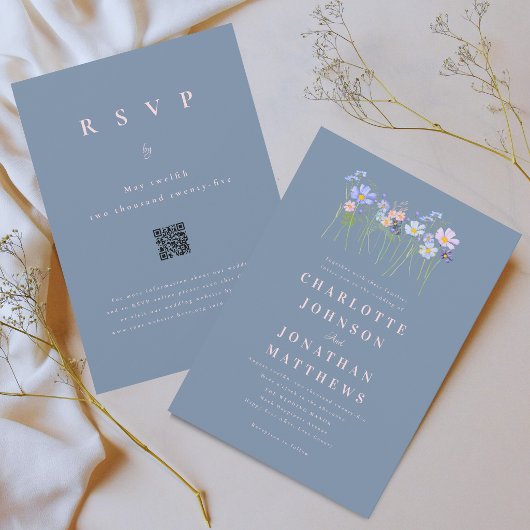 Invitation Code QR de mariage moderne Wildflower Dusty Blue R