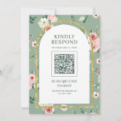 Invitation Code QR de mariage musulman à arc vert floral rose (Dos)