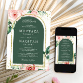 Invitation Code QR de mariage musulman à arc vert floral rose