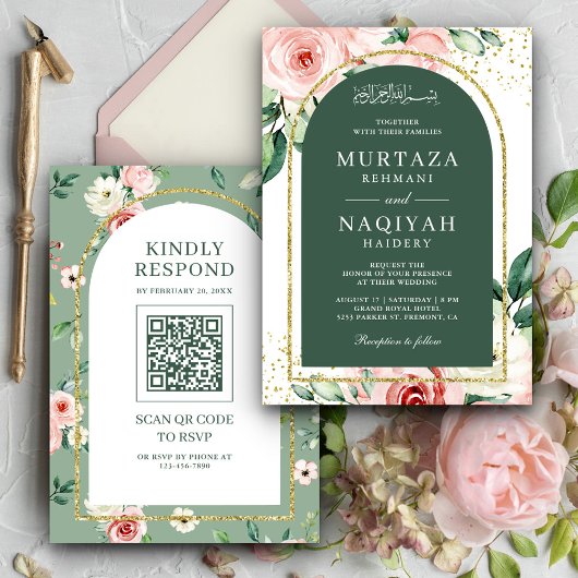 Invitation Code QR de mariage musulman à arc vert floral rose
