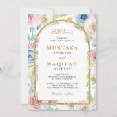 Invitation Code QR de mariage musulman à arche dorée florale (Devant)