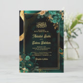 Invitation Code QR de mariage musulman à fleurs dorées vert é (Debout devant)