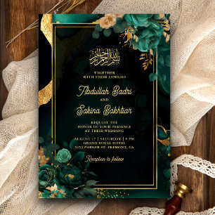 Invitation Code QR de mariage musulman à fleurs dorées vert é