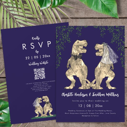 Invitation Code QR de mariage Navy Blue sur le thème des dino
