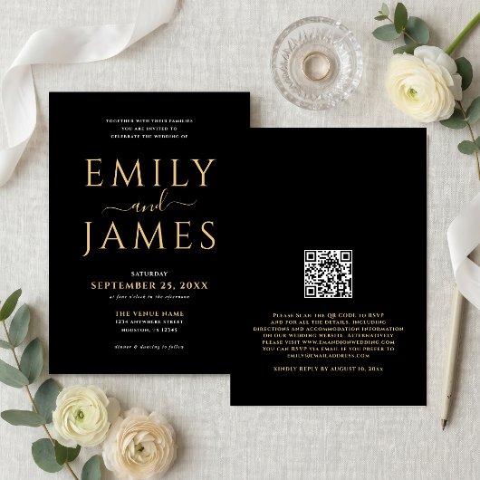 Invitation Code QR de mariage noir élégant or blanc écriture