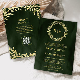 Invitation Code QR de mariage Olive Green Gold Leaf Branch