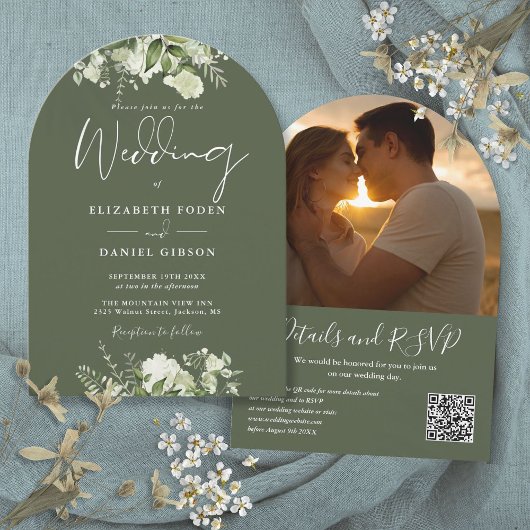 Invitation Code QR de mariage photo arche de verdure vert oli
