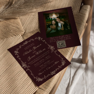 Invitation Code QR de mariage photo argent ancien floral de B