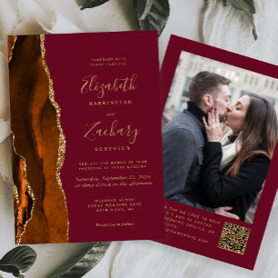 Invitation Code QR de mariage photo bordeaux agate orange brû