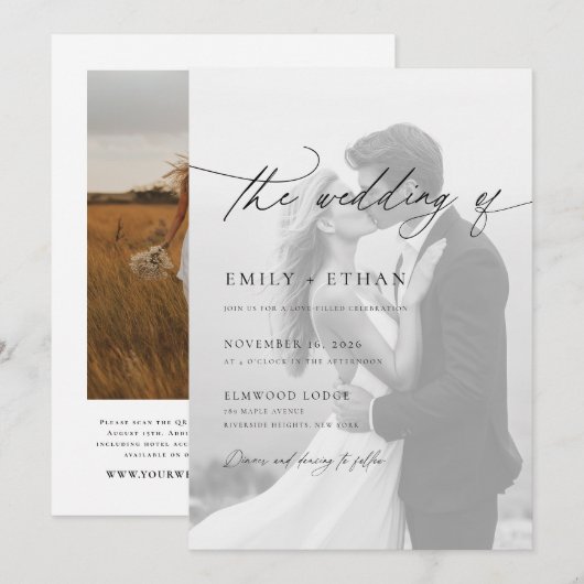 Invitation Code QR de mariage photo écriture moderne (Devant / Derrière)