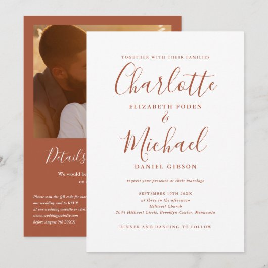 Invitation Code QR de mariage photo élégant écriture Terracot (Devant / Derrière)