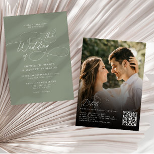 Invitation Code QR de mariage photo élégant vert sauge Rsvp