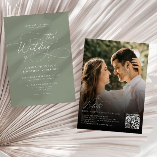 Invitation Code QR de mariage photo élégant vert sauge Rsvp