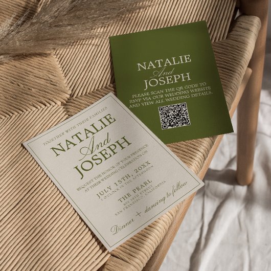 Invitation Code QR de mariage rétro à l'ancienne vert olive é