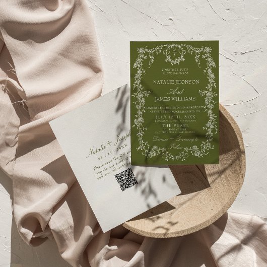 Invitation Code QR de mariage rétro jardin olive floral vert