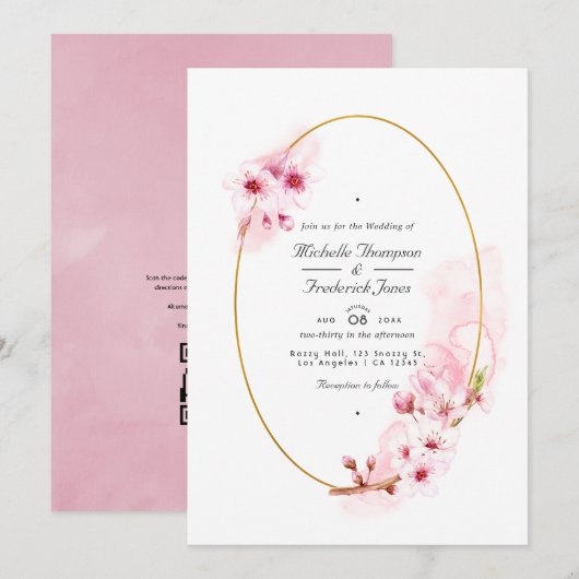 Invitation Code QR de mariage RSVP Cerisier à fleurs rose pri (Devant / Derrière)