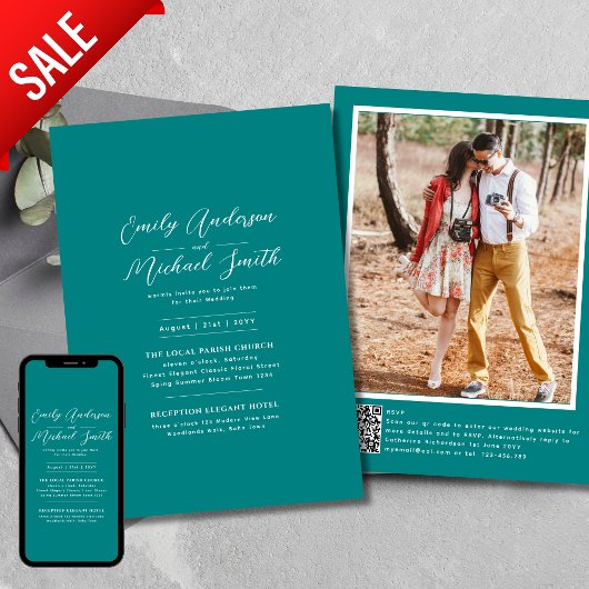 Invitation Code QR de mariage RSVP photo sarcelle romantique 