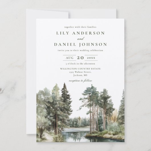 Invitation Code QR de mariage rustique aquarelle forêt lacust (Devant)
