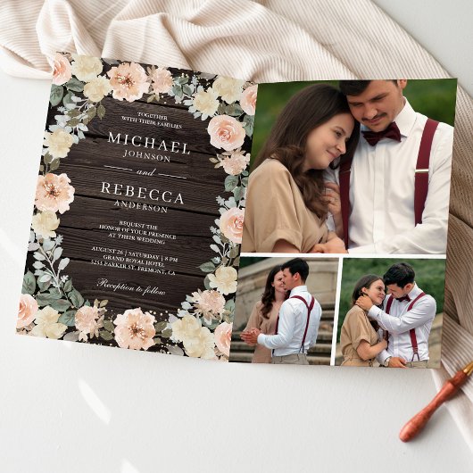 Invitation Code QR de mariage rustique floral pêche poussiére
