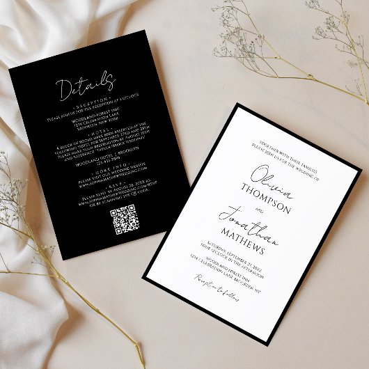 Invitation Code QR de mariage simple écriture blanche et noir