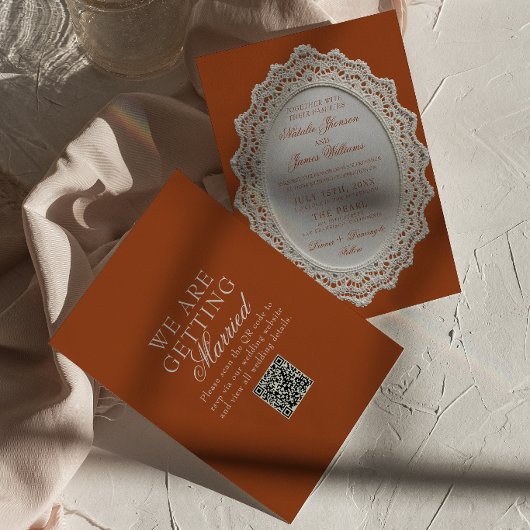 Invitation Code QR de mariage Terracotta Brûlé Orange Lace Do
