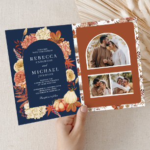 Invitation Code QR de mariage Terracotta Pumpkin Floral Navy