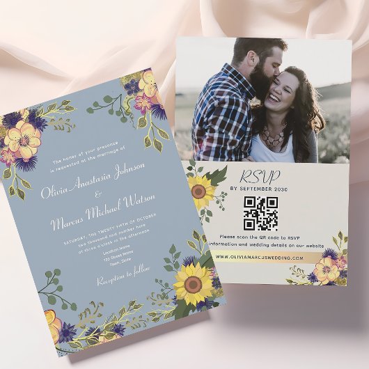Invitation Code QR de mariage tournesol poussiéreux bleu