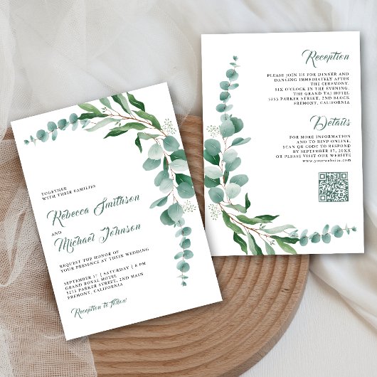 Invitation Code QR de mariage tout-en-un avec branche d'eucal