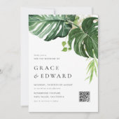 Invitation Code QR de mariage tropical Monstera aquarelle (Devant)
