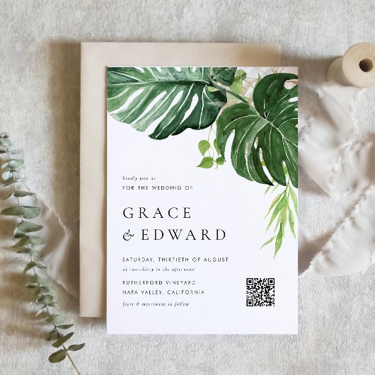 Invitation Code QR de mariage tropical Monstera aquarelle