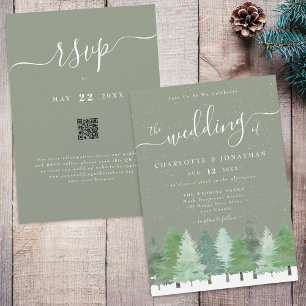Invitation Code QR de mariage Vert Sage Forêt d'Hiver Moderne