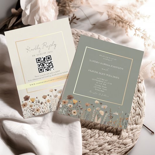 Invitation Code QR de mariage vert sauge bohème