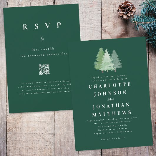 Invitation Code QR de mariage vert simple en bois de forêt