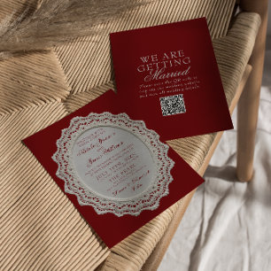 Invitation Code QR de mariage vintage dentelle de Bourgogne