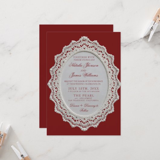 Invitation Code QR de mariage vintage dentelle de Bourgogne  (Devant/Arrière en situation)