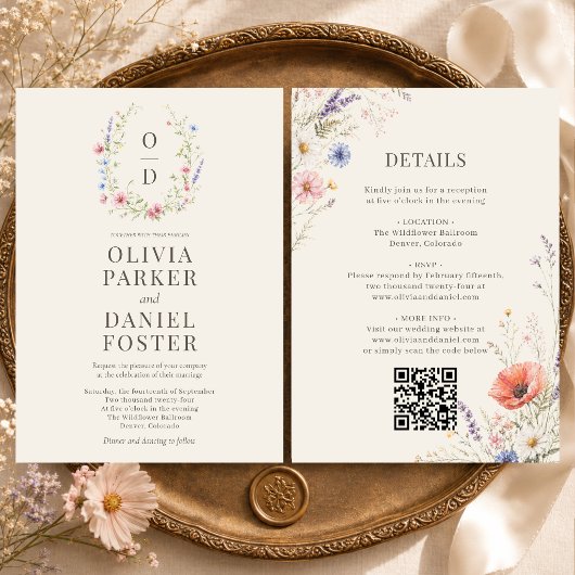 Invitation Code QR de monogramme de mariage bohème à fleurs s