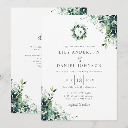 Invitation Code QR de monogramme de verdure d'eucalyptus pour (Devant / Derrière)