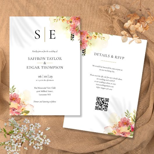 Invitation Code QR de monogramme floral aquarelle de mariage