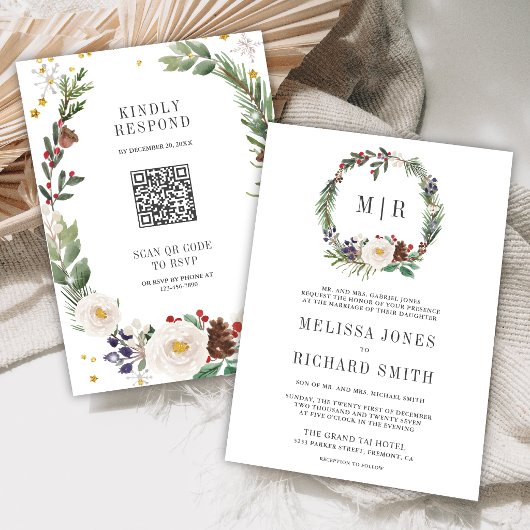 Invitation Code QR de monogramme floral de Noël rustique pour