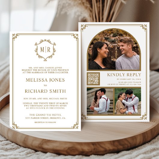 Invitation Code QR de monogramme Photo Collage Blanc Or Maria