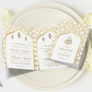 Invitation Code QR de motif islamique en or crème pour mariag