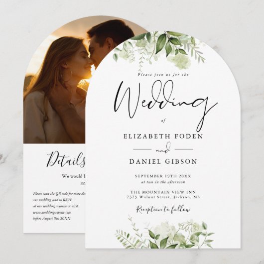 Invitation Code QR de photo d'arche de mariage à la verdure f (Devant / Derrière)