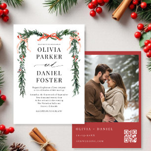 Invitation Code QR de photo de mariage à Noël avec un nœud en