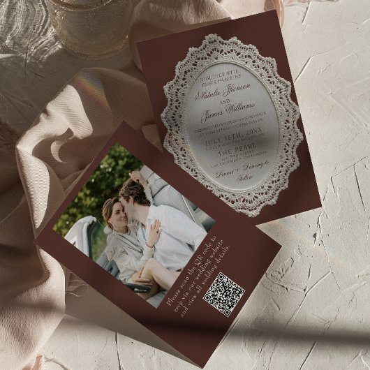 Invitation Code QR de photo de mariage de dentelle d'espresso