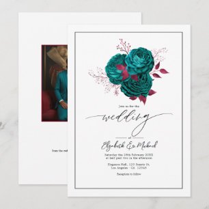 Invitation Code QR de photo de mariage floral turquoise et bo