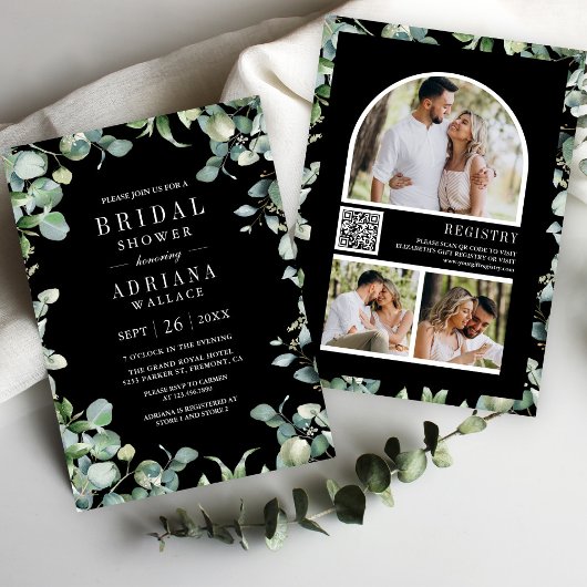 Invitation Code QR de photo d'eucalyptus Fête de mariage noir