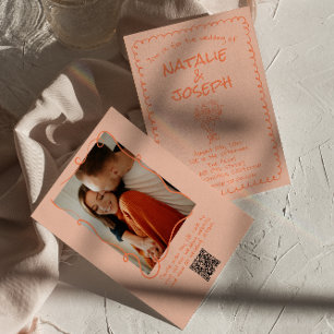 Invitation Code QR de photo fantaisiste rétro corail Mariage 